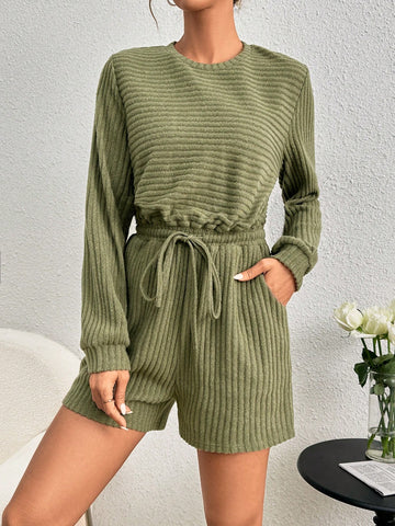 Rib-Knit Drawstring Waist Romper
