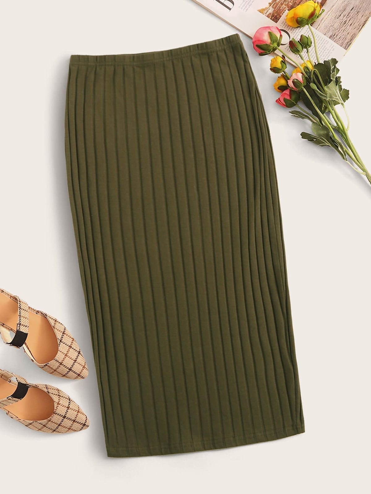 Essnce Rib-knit Solid Pencil Skirt