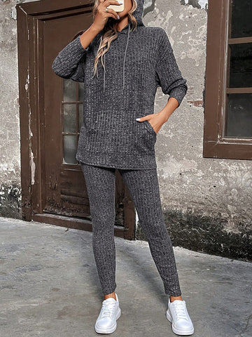 Ribbon Knit Kangaroo Pocket Hoodie And Leggings Set