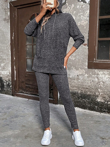 Ribbon Knit Kangaroo Pocket Hoodie And Leggings Set
