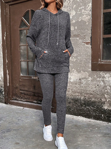 Ribbon Knit Kangaroo Pocket Hoodie And Leggings Set