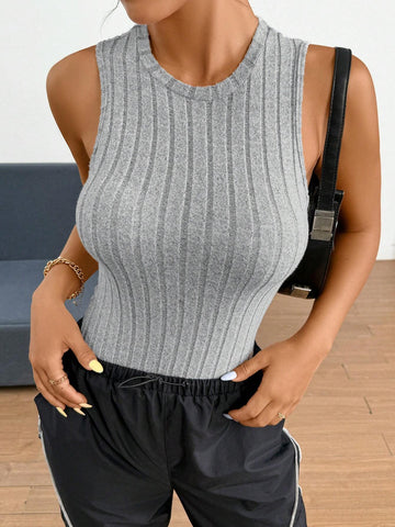 Round Neck Solid Color Ribbed Cami Jumpsuit