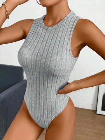 Round Neck Solid Color Ribbed Cami Jumpsuit