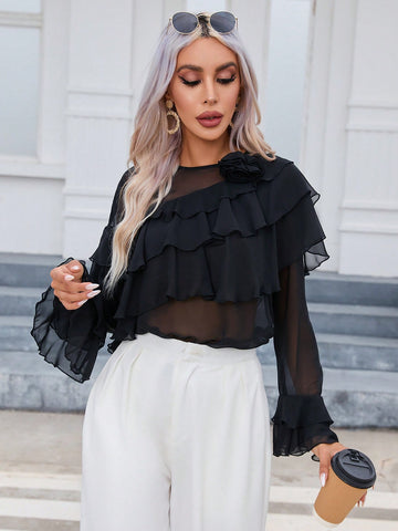 Ruffle Trim Flounce Sleeve Sheer Chiffon Blouse