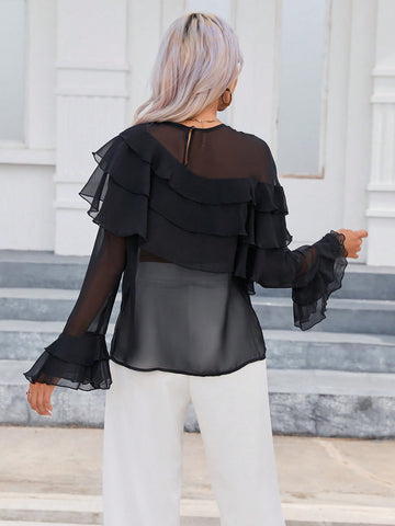 Ruffle Trim Flounce Sleeve Sheer Chiffon Blouse