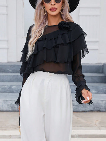 Ruffle Trim Flounce Sleeve Sheer Chiffon Blouse