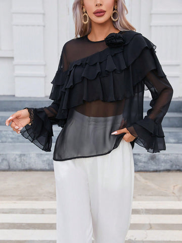 Ruffle Trim Flounce Sleeve Sheer Chiffon Blouse