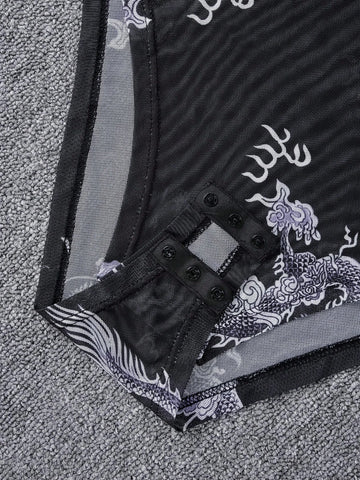 Sexy Chinese Dragon Print Sheer Mesh Bodysuit