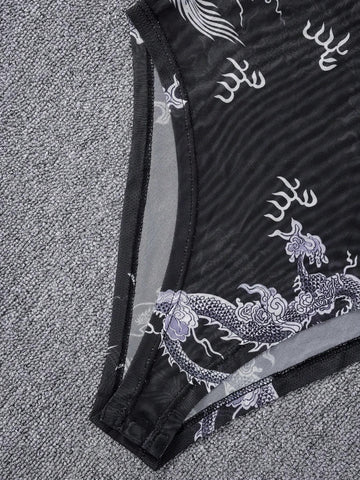 Sexy Chinese Dragon Print Sheer Mesh Bodysuit