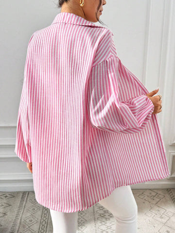 Essnce   Women Button Up Women Shirt Women Pink Striped Lantern Sleeve Blouse