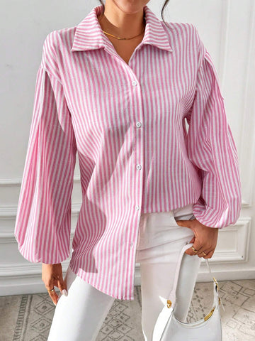 Essnce   Women Button Up Women Shirt Women Pink Striped Lantern Sleeve Blouse