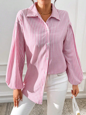 Essnce   Women Button Up Women Shirt Women Pink Striped Lantern Sleeve Blouse