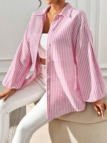 Essnce   Women Button Up Women Shirt Women Pink Striped Lantern Sleeve Blouse