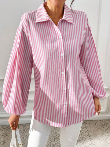 Essnce   Women Button Up Women Shirt Women Pink Striped Lantern Sleeve Blouse