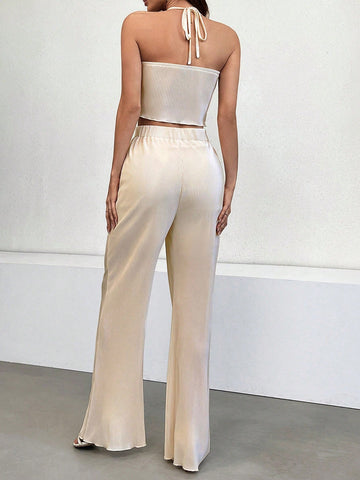 Shiny Pleated Swing Neck Two Piece Set