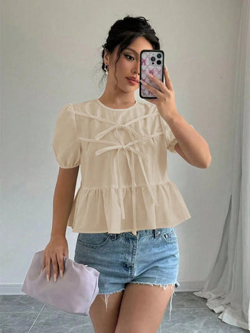 Essnce Short Sleeve Ruffle Hem Blouse With Bow Tie Neck, Solid Color