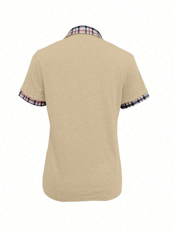 Simple Plain Color Block Front Button Casual Short Sleeve T-Shirt, Random Print