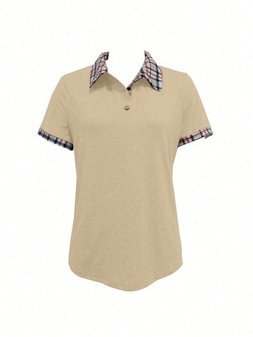 Simple Plain Color Block Front Button Casual Short Sleeve T-Shirt, Random Print