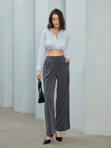 Essnce Slim Pinstripe Trousers With Slanted Pockets