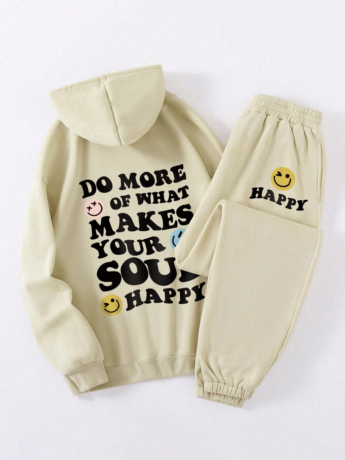 Slogan Printed Fleece Hoodie And Pants Set With Drawstring, Winter