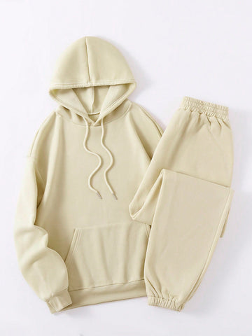 Slogan Printed Fleece Hoodie And Pants Set With Drawstring, Winter