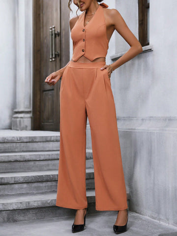 Solid Button Front Halter Top & Wide Leg Pants