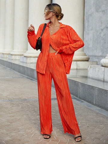Solid Button Front Shirt & Wide Leg Pants