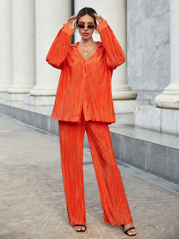 Solid Button Front Shirt & Wide Leg Pants