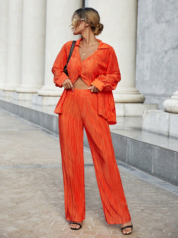 Solid Button Front Shirt & Wide Leg Pants