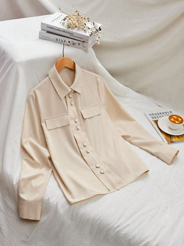 Essnce Solid Button Shirt, Elegant Long Sleeve Lapel Blouse For Women, Apricot