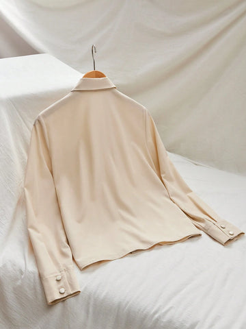 Essnce Solid Button Shirt, Elegant Long Sleeve Lapel Blouse For Women, Apricot