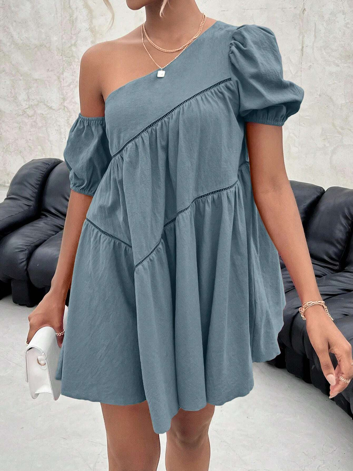 Solid Color Asymmetrical Collar Short Sleeve Dress