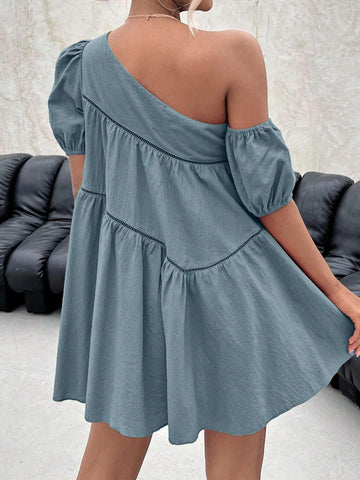 Solid Color Asymmetrical Collar Short Sleeve Dress