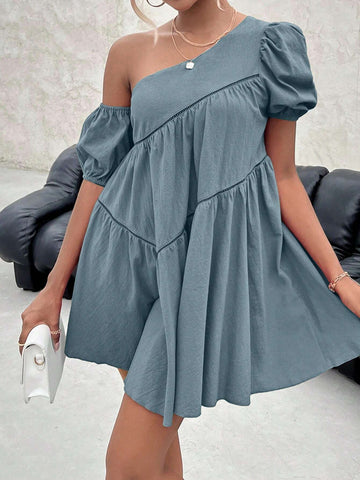 Solid Color Asymmetrical Collar Short Sleeve Dress