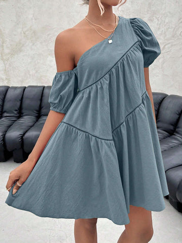Solid Color Asymmetrical Collar Short Sleeve Dress