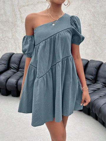 Solid Color Asymmetrical Collar Short Sleeve Dress