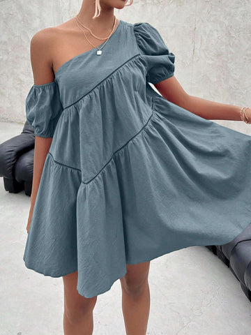 Solid Color Asymmetrical Collar Short Sleeve Dress