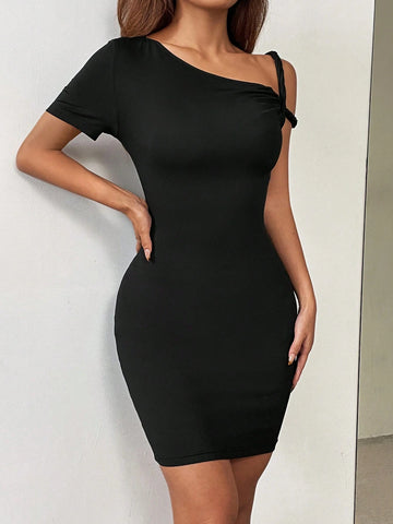 Solid Color Asymmetrical Neckline Summer Bodycon Midi Dress With Twisted Knot