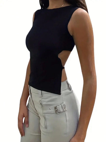 Essnce Solid Color Backless Sleeveless Vest With Tie Straps