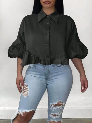 Essnce Solid Color Button-Up Shirt With Ruffle Hem And Lapel Collar, Summer Casual Wear