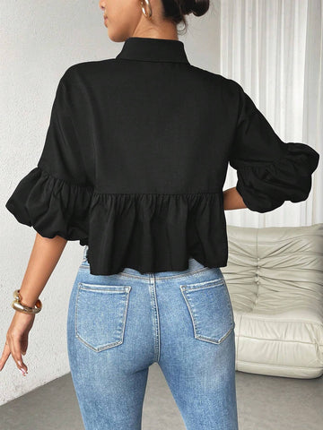 Essnce Solid Color Button-Up Shirt With Ruffle Hem And Lapel Collar, Summer Casual Wear