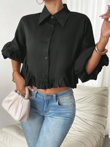 Essnce Solid Color Button-Up Shirt With Ruffle Hem And Lapel Collar, Summer Casual Wear
