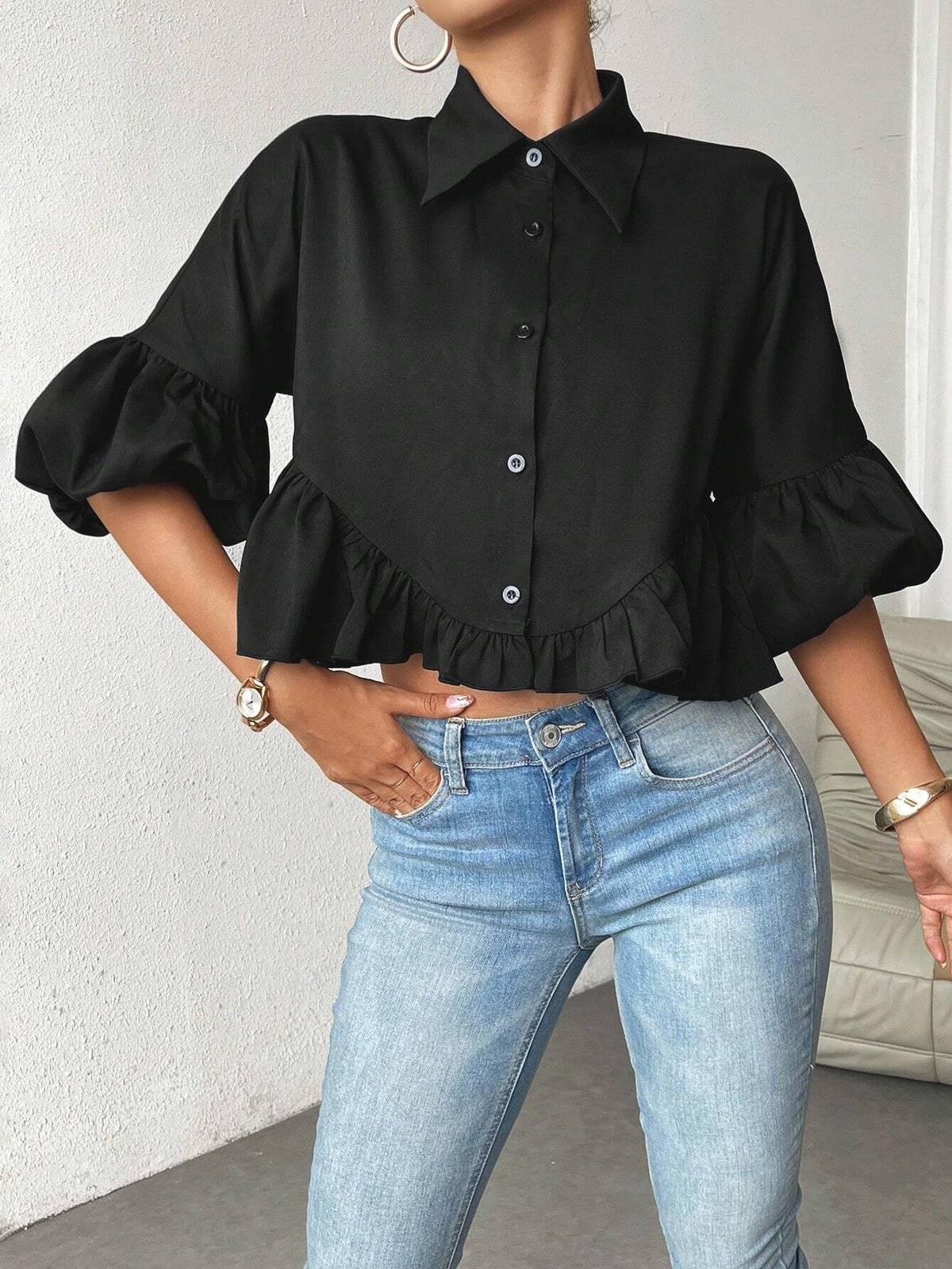 Essnce Solid Color Button-Up Shirt With Ruffle Hem And Lapel Collar, Summer Casual Wear