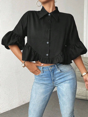 Essnce Solid Color Button-Up Shirt With Ruffle Hem And Lapel Collar, Summer Casual Wear