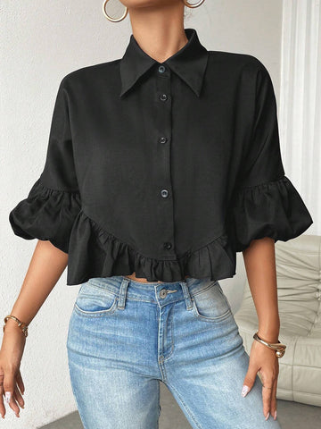 Essnce Solid Color Button-Up Shirt With Ruffle Hem And Lapel Collar, Summer Casual Wear