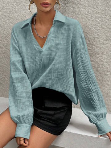 Essnce Solid Color Collar Casual Woven Long Sleeve Shirt