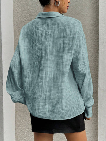 Essnce Solid Color Collar Casual Woven Long Sleeve Shirt