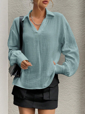 Essnce Solid Color Collar Casual Woven Long Sleeve Shirt