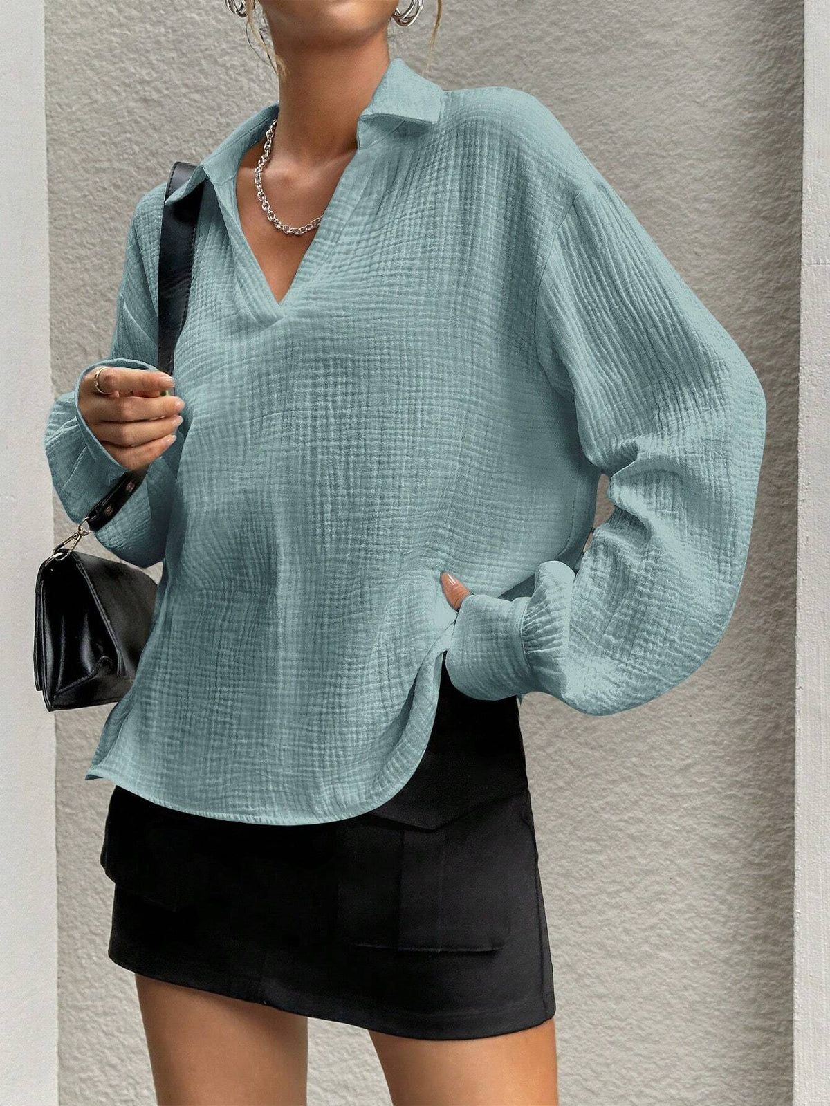 Essnce Solid Color Collar Casual Woven Long Sleeve Shirt