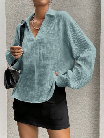 Essnce Solid Color Collar Casual Woven Long Sleeve Shirt